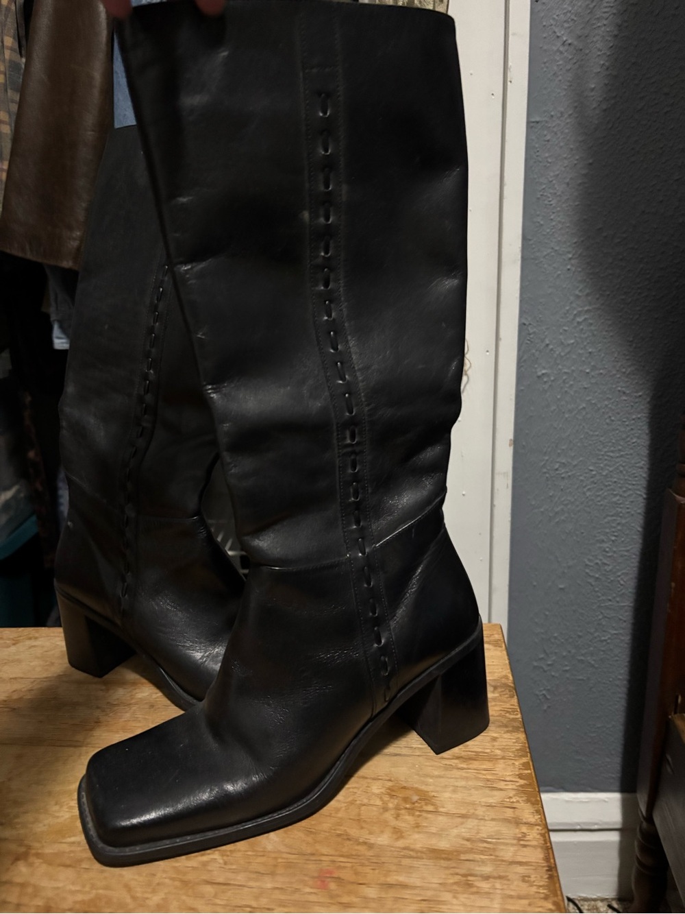 Annie Black Square-Toe Knee Boots with Block Heel